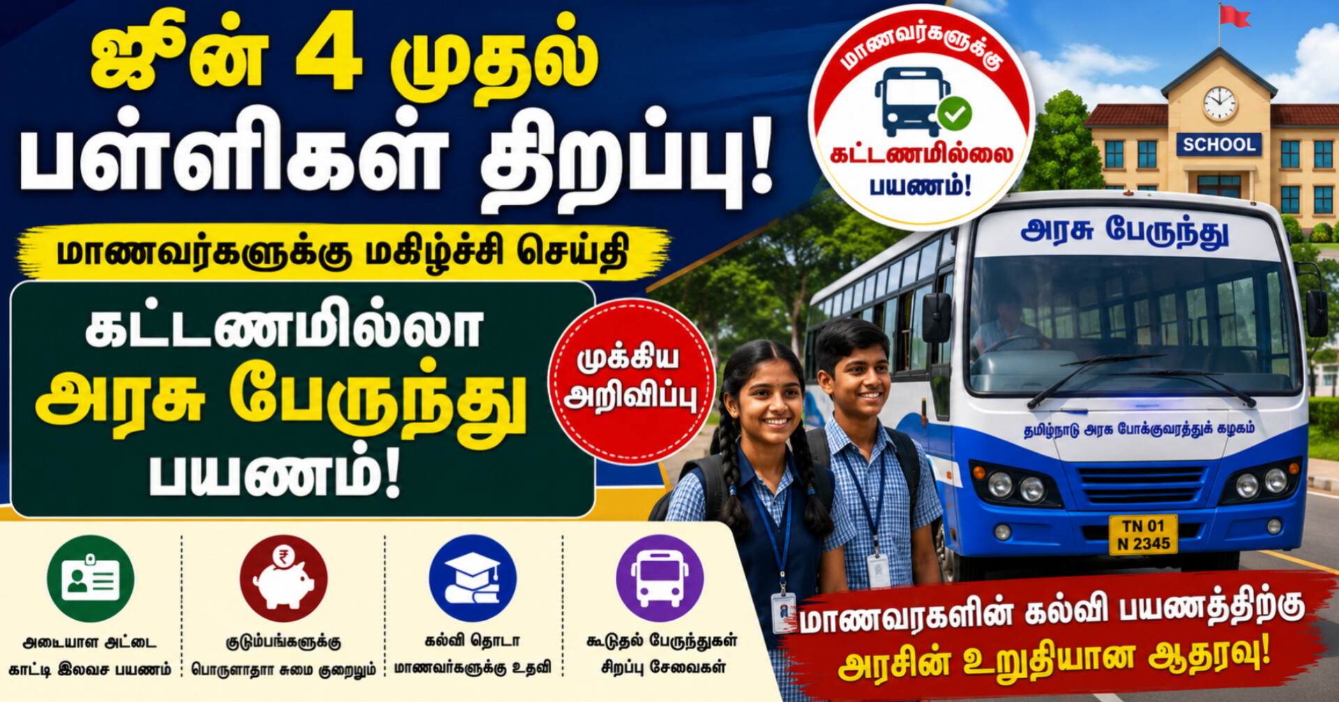 ஜூன் 4 முதல் பள்ளிகள் திறப்பு: மாணவர்களுக்கு கட்டணமில்லா அரசு பேருந்து பயணம் – முக்கிய அறிவிப்பு!